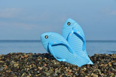 Blue flip-flops on shore at beach against sky