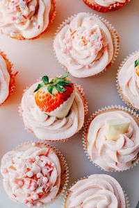 High angle view of cupcakes on table