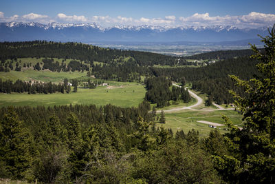 A view of the swan mountains and the flathead valley in spring.