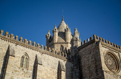 Low angle view of historic building against clear blue sky