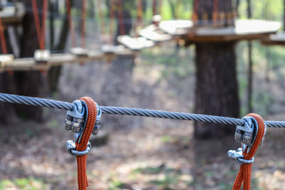 Close-up of chain hanging on fence