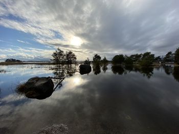 Scenic view of lake against sky during sunset
