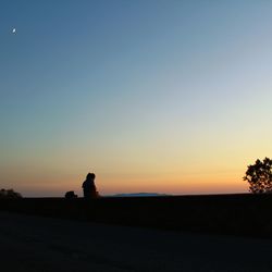 Silhouette person on landscape against clear sky during sunset