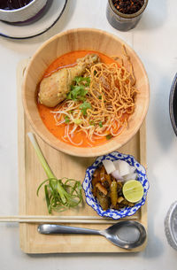 High angle view of food in bowl on table