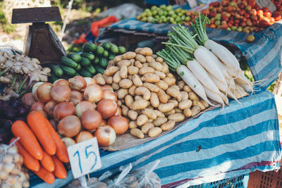 High angle view of vegetables for sale in market