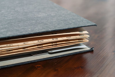 High angle view of books on table