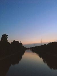 Scenic view of river against clear sky at sunset