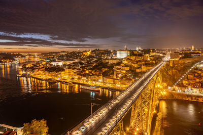 View of porto with the river douro and the dom luis i bridge at night