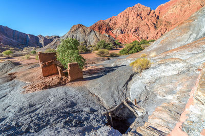 View of rocky landscape against clear blue sky