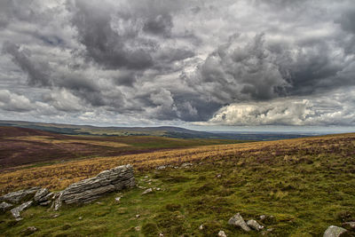 Scenic view of field against storm clouds