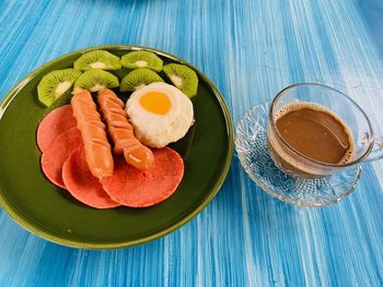 High angle view of breakfast served on table