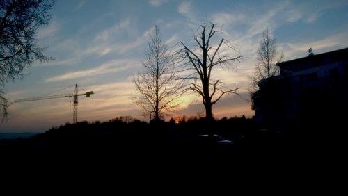 Bare trees against sky at sunset