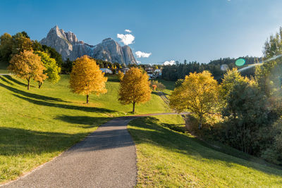 Road amidst hill with autumn trees against sky