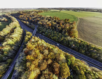 High angle view of agricultural field against sky