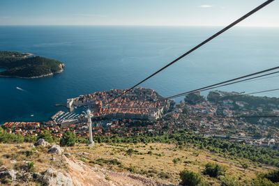 High angle view of cityscape by sea against sky