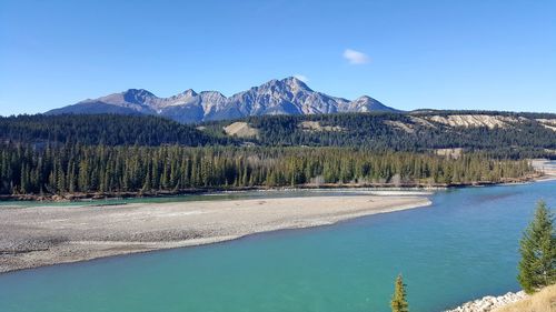 Scenic view of athabasca river against sky