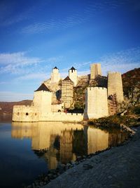 Buildings by lake against blue sky