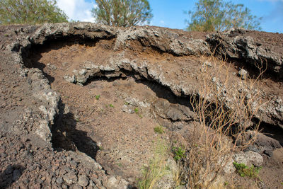 Low angle view of rock on land against sky