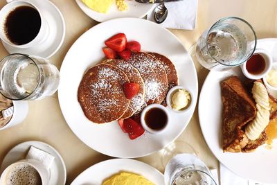 Directly above shot of pancakes served on table