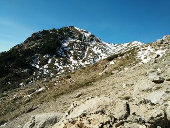 Low angle view of mountains against clear sky