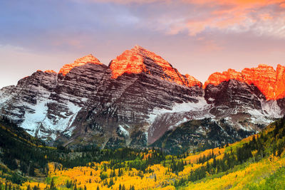 Scenic view of mountains against sky during sunset