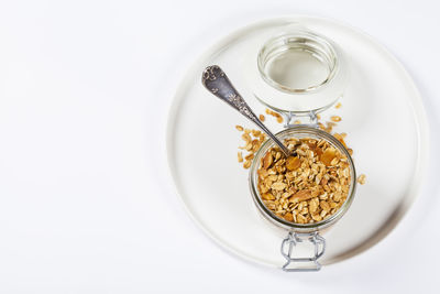 High angle view of breakfast served on table