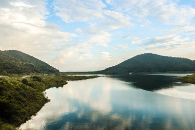 Scenic view of lake and mountains against sky