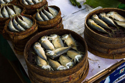 High angle view of fresh fish for sale in market in bamboo baskets