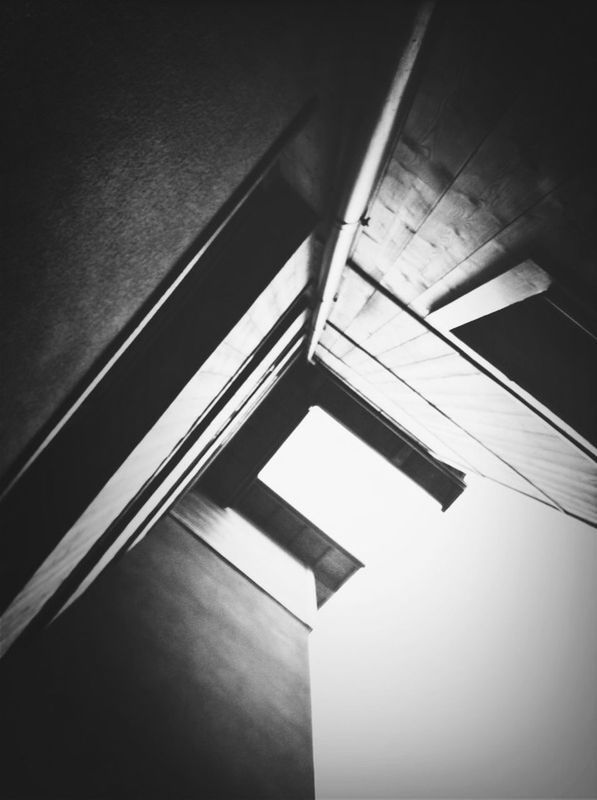 indoors, low angle view, architecture, built structure, modern, no people, window, ceiling, part of, building, directly below, cropped, day, high angle view, building exterior, shadow, wall - building feature, steps and staircases, close-up, sunlight