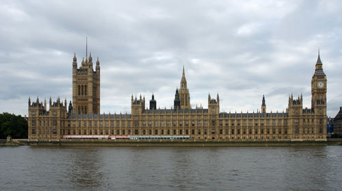 View of buildings by river against cloudy sky