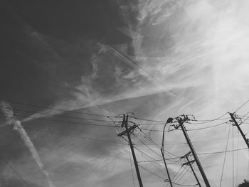 Low angle view of electricity pylon against cloudy sky