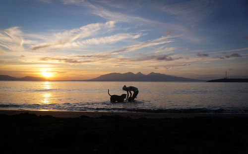 Silhouette people on beach against sky during sunset