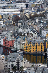 Winter view over Ålesund from fjellstua in snow, norway