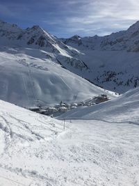 Scenic view of snowcapped mountains against sky