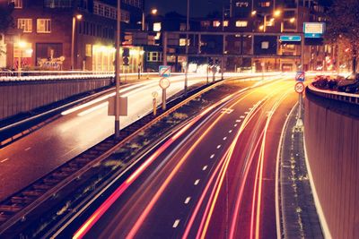 Light trails on road at night