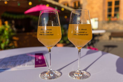 Close-up of wine in glass on table