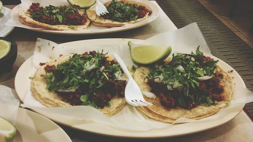 Close-up of chorizo taco served in plates