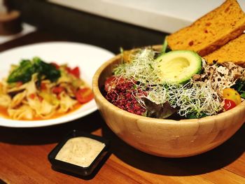 Close-up of salad in bowl on table