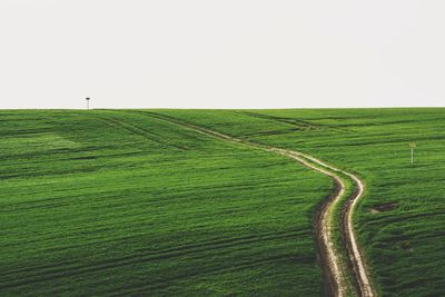 Scenic view of farm against clear sky