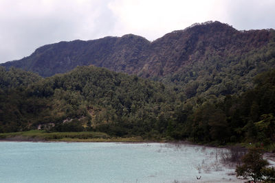 Scenic view of river by mountains against sky