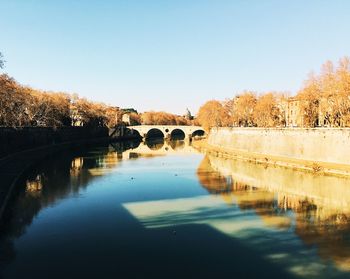 Reflection of trees in water against clear sky