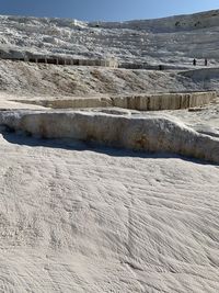 Aerial view of city at salt terraces at pamukkale in turkey 