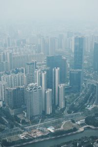 High angle view of modern buildings in city