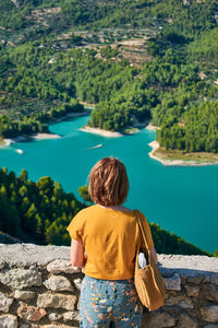 Rear view of woman looking at lake against trees