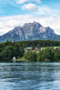The view of mount pilatus mountain tops while on a boat cruise in lake lucerne. taken in luzern