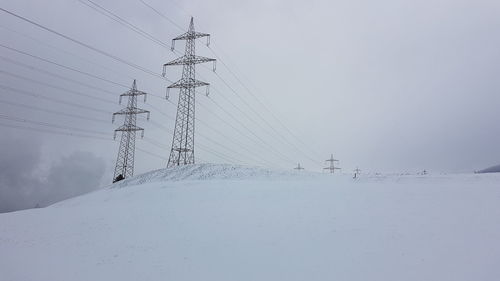 Aerial view of snow covered electricity pylon against sky