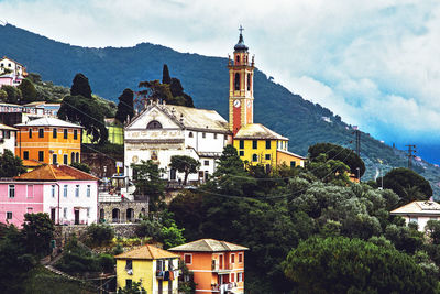 San michele arcangelo church on the coast hills, liguria, genova, italy