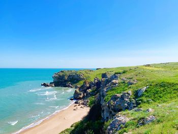 Scenic view of sea against clear blue sky