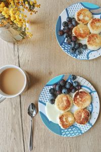 High angle view of breakfast served on table