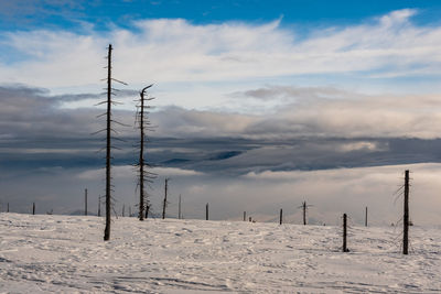 Electricity pylon on snow covered land against sky